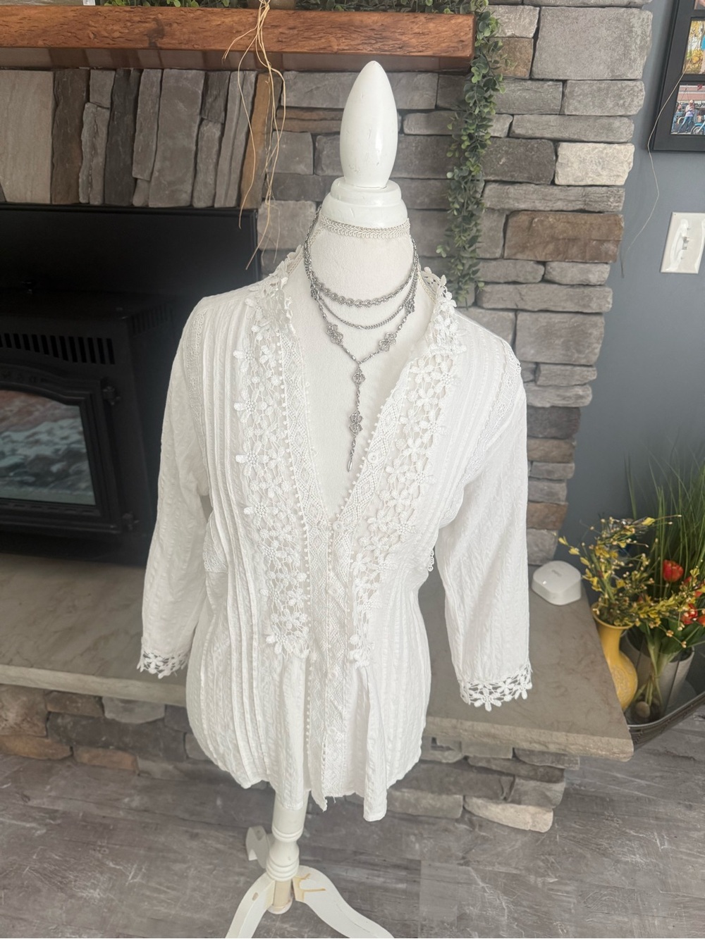 White Crochet-Detail V-Neck Tunic Blouse
